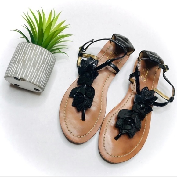 Coach Shoes - Coach Sierra Black Flower T-strap Sandals